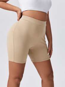 SHEIN Essnce 大尺碼高腰騎行褲 - 卡其色 - 查看 5