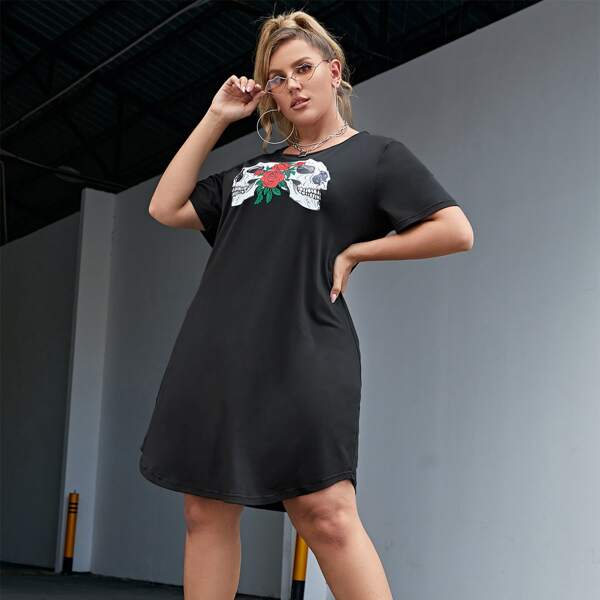 

Plus Skull And Flower Print Tee Dress, Black
