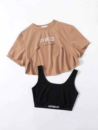 Einfarbiges Super Crop T-Shirt & Tank Top mit Buchstaben Stickereien