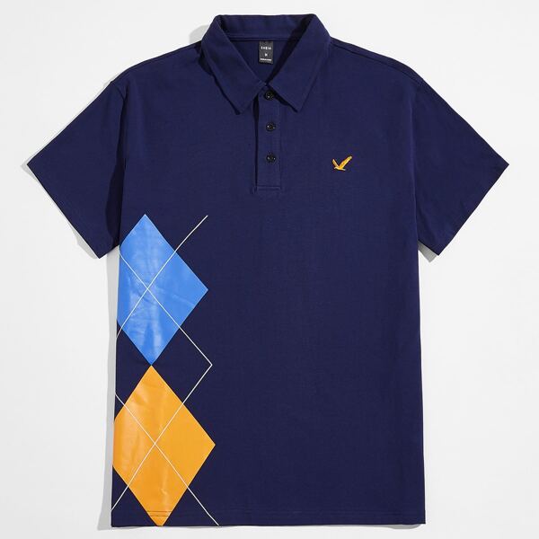 

Men Embroidery Bird Argyle Print Polo Shirt, Navy blue