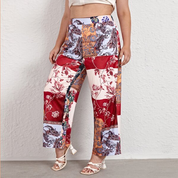 

Plus Floral Print Wide Leg Pants, Multicolor