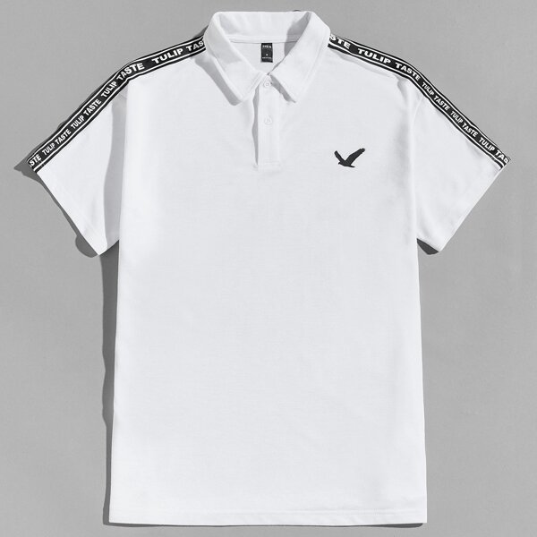 

Men Bird Print Letter Tape Side Polo Shirt, White