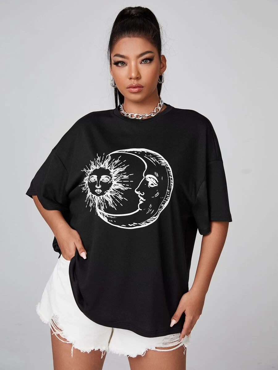 SHEIN Plus Drop Shoulder Sun & Moon Print Tee - Black - View 1