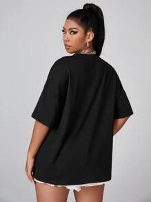 SHEIN Plus Drop Shoulder Sun & Moon Print Tee - Black - View 2