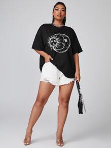 SHEIN Plus Drop Shoulder Sun & Moon Print Tee - Black - View 3