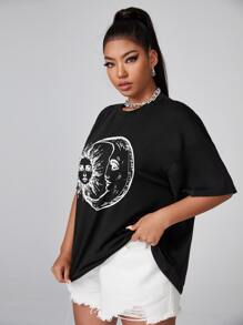 SHEIN Plus Drop Shoulder Sun & Moon Print Tee - Black - View 4