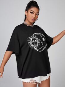 SHEIN Plus Drop Shoulder Sun & Moon Print Tee - Black - View 5
