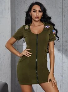 Zip Front Army Costume Dress - Army Green - View 1