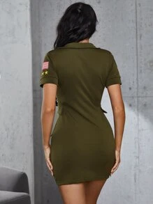 Zip Front Army Costume Dress - Army Green - View 2
