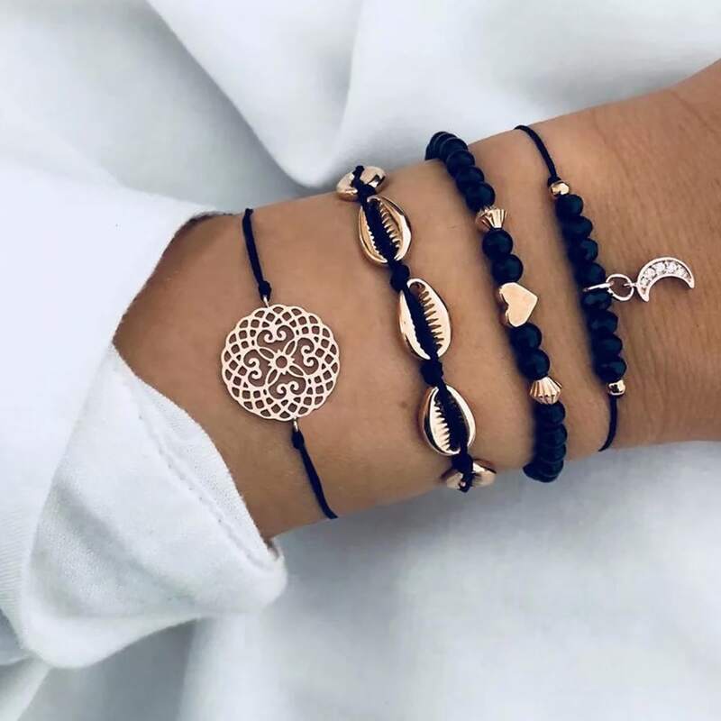 

4pcs Shell Decor Beaded Bracelet, Black
