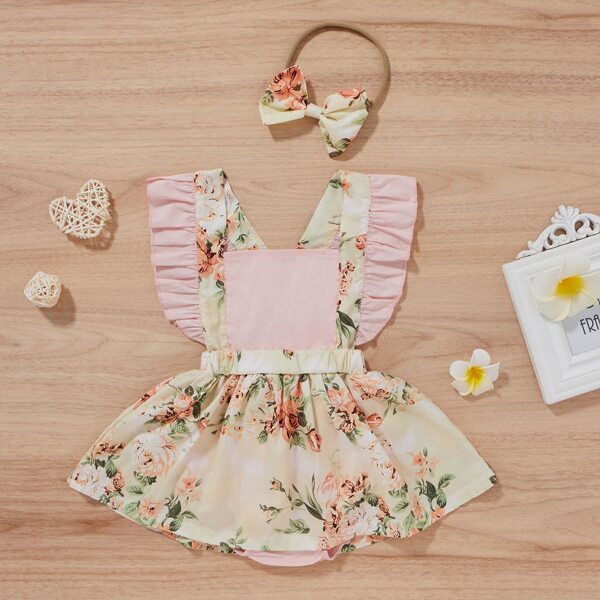 

Baby Girl Floral Ruffle Combo Bodysuit Dress With Headband, Multicolor