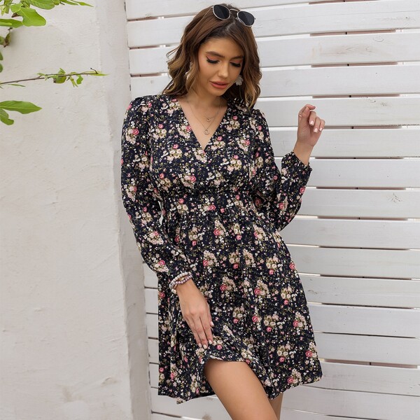 

Ditsy Floral Surplice Neck A-line Dress, Multicolor
