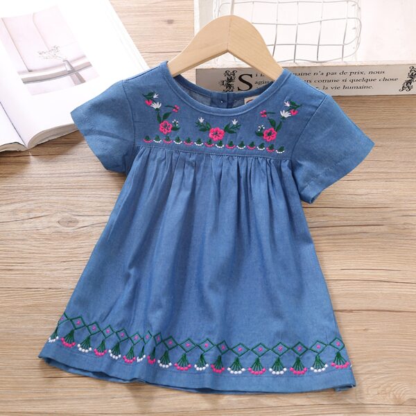 

Toddler Girls Floral Embroidered Denim Top, Medium wash