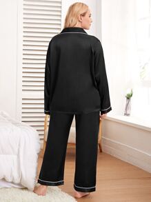 Plus Contrast Binding Satin Pyjama Set - Black - View 2