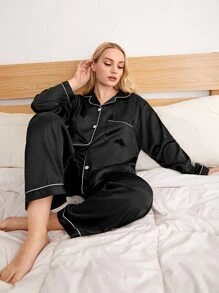Plus Contrast Binding Satin Pyjama Set - Black - View 3