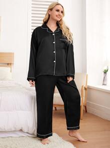 Plus Contrast Binding Satin Pyjama Set - Black - View 4