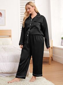 Plus Contrast Binding Satin Pyjama Set - Black - View 5