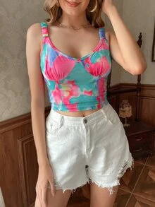 SHEIN VCAY Top De Tirantes Fruncido Teñido Con La Técnica Tie-dye - Multicolor - Ver 4