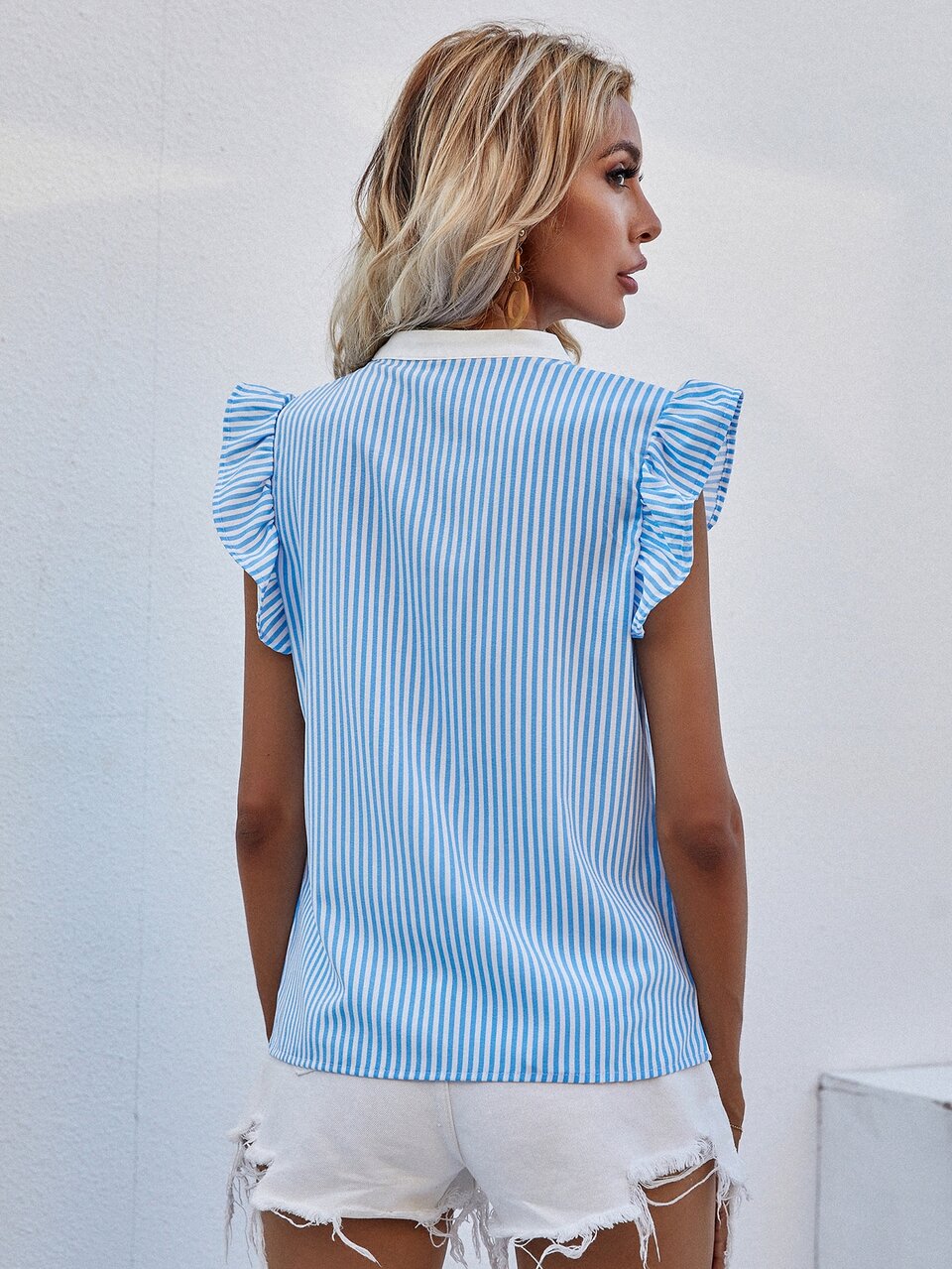 Striped Button Front Ruffle Trim Top
