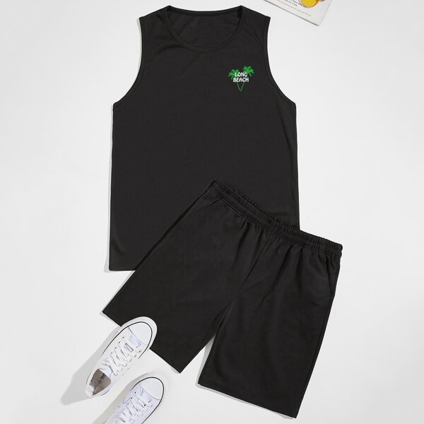 

Men Tropical & Letter Graphic Tank Top & Track Shorts, Black