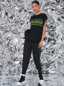 Manfinity Hombres 1 pieza Pantalones con estampado de letra china - Negro - Ver 5