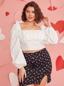 SHEIN Plus Lantern Sleeve Ruched Bust Top & Split Hem Heart Print Skirt Set - Black and White - View 1