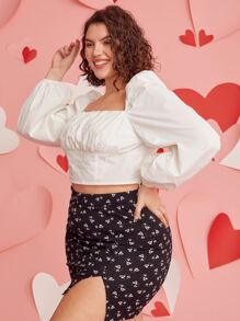 SHEIN Plus Lantern Sleeve Ruched Bust Top & Split Hem Heart Print Skirt Set - Black and White - View 6