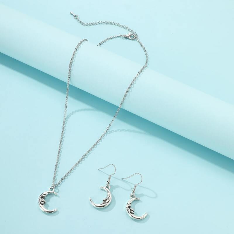 

1pc Moon Charm Necklace & 1pair Earrings, Antique silver