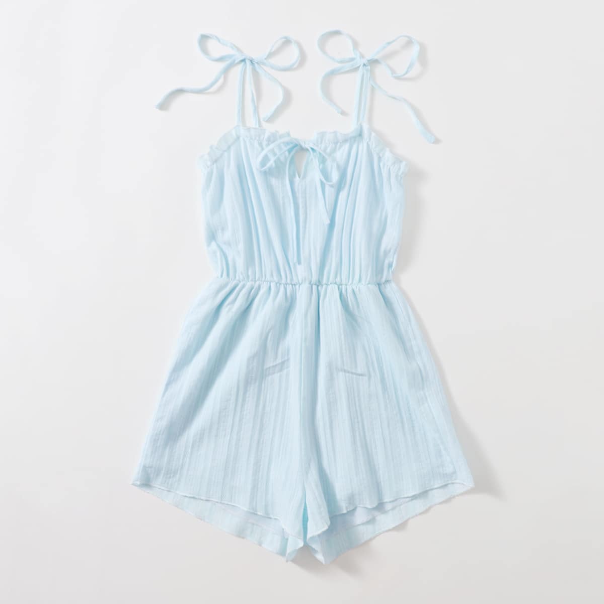 

Solid Tie Front Frill Romper, Baby blue