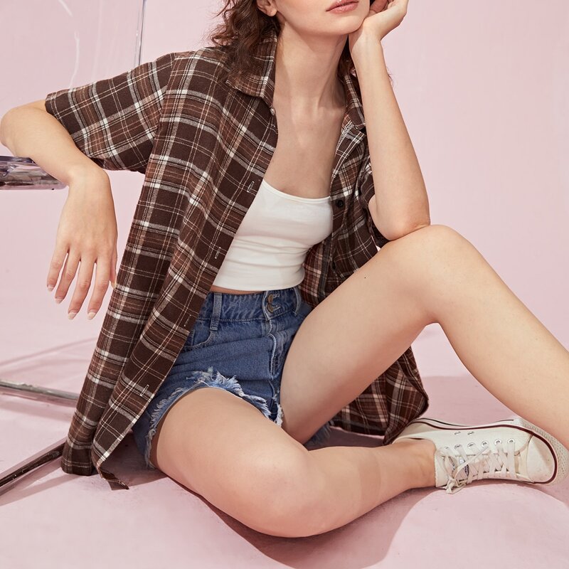 

Plaid Button Front Oversized Tee, Coffee brown
