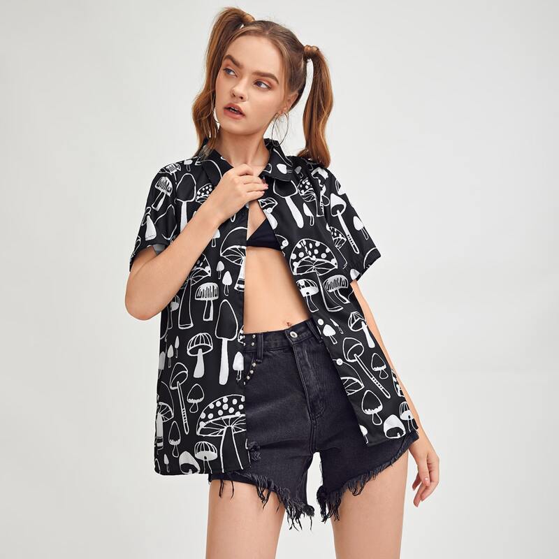

Mushroom Print Button Front Blouse, Black