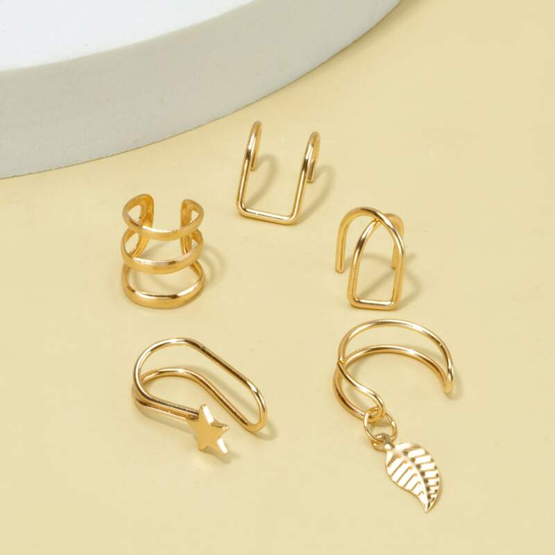 

5pcs Star & Leaf Ear Cuff, Gold