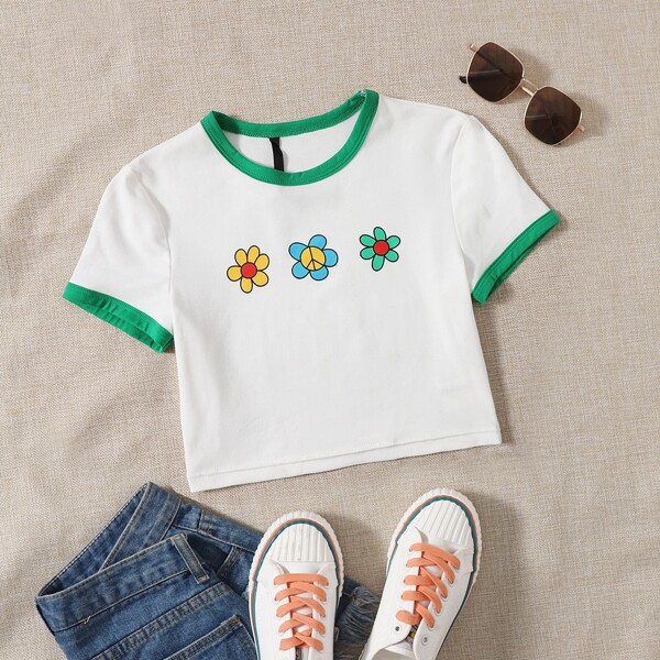 

Floral Print Ringer Tee, White