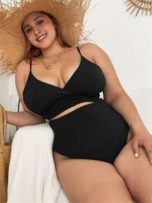 SHEIN Swim Curve Summer Beach Plus Ribbed Bikini Set Surplice Cami Top & High Waisted Bottom 2 Piece Bathing Suit - Black - View 1