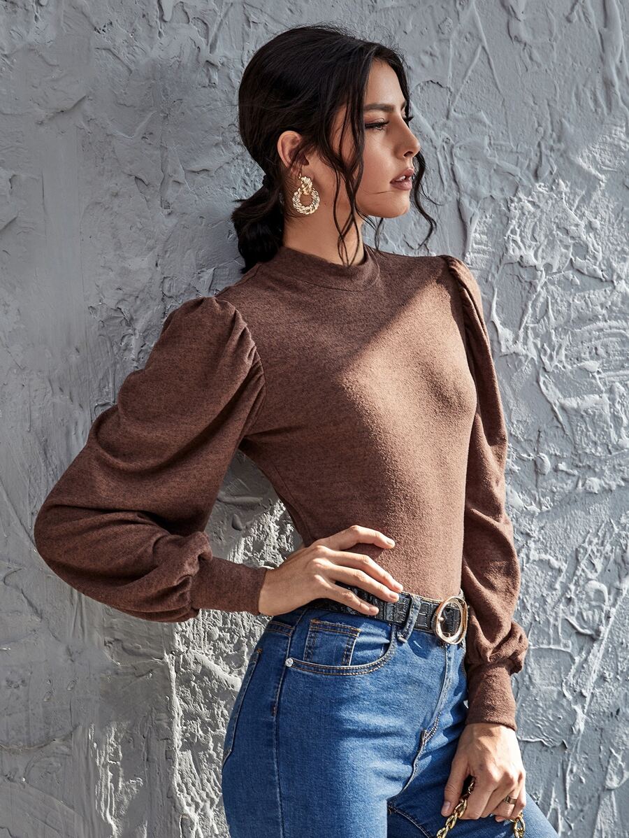 SHEIN LUNE Solid Bishop Sleeve Form-Fitting Tee - Mocha Brown - View 1