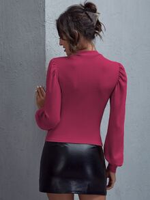 SHEIN LUNE Solid Bishop Sleeve Form-Fitting Tee - Red Violet - View 2