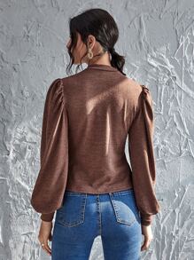 SHEIN LUNE Solid Bishop Sleeve Form-Fitting Tee - Mocha Brown - View 2