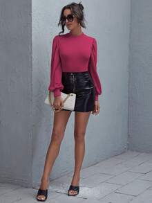 SHEIN LUNE Solid Bishop Sleeve Form-Fitting Tee - Red Violet - View 4