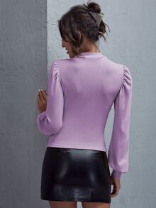 SHEIN LUNE Solid Bishop Sleeve Form-Fitting Tee - Lilac Purple - View 2