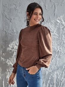 SHEIN LUNE Solid Bishop Sleeve Form-Fitting Tee - Mocha Brown - View 3