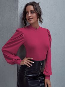 SHEIN LUNE Solid Bishop Sleeve Form-Fitting Tee - Red Violet - View 5