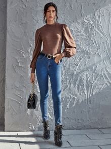 SHEIN LUNE Solid Bishop Sleeve Form-Fitting Tee - Mocha Brown - View 4