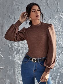 SHEIN LUNE Solid Bishop Sleeve Form-Fitting Tee - Mocha Brown - View 5