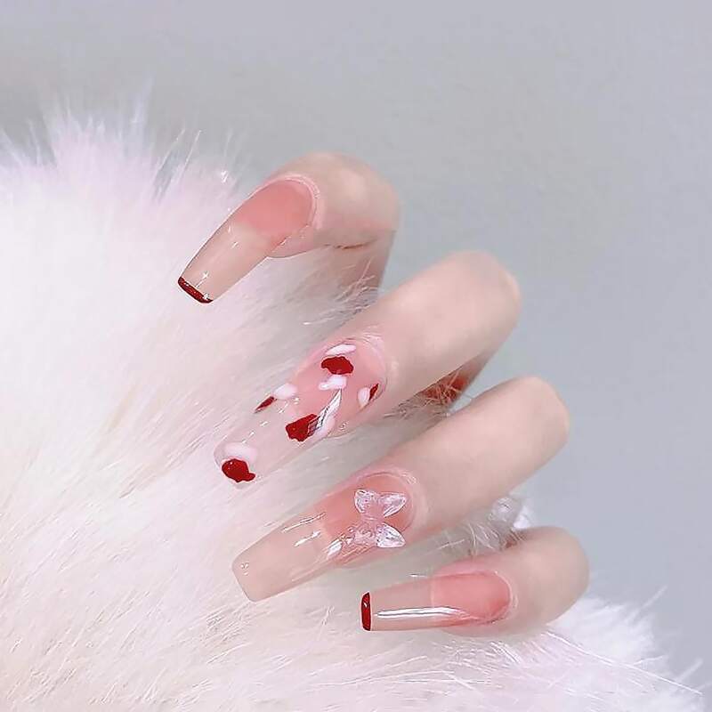 

24pcs Butterfly Detail Fake Nail, Red