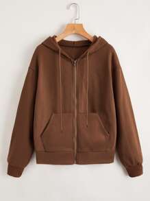 SHEIN Unity Zip Up Drop Shoulder Drawstring Hoodie - Coffee Brown - View 1