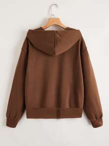 SHEIN Unity Zip Up Drop Shoulder Drawstring Hoodie - Coffee Brown - View 2