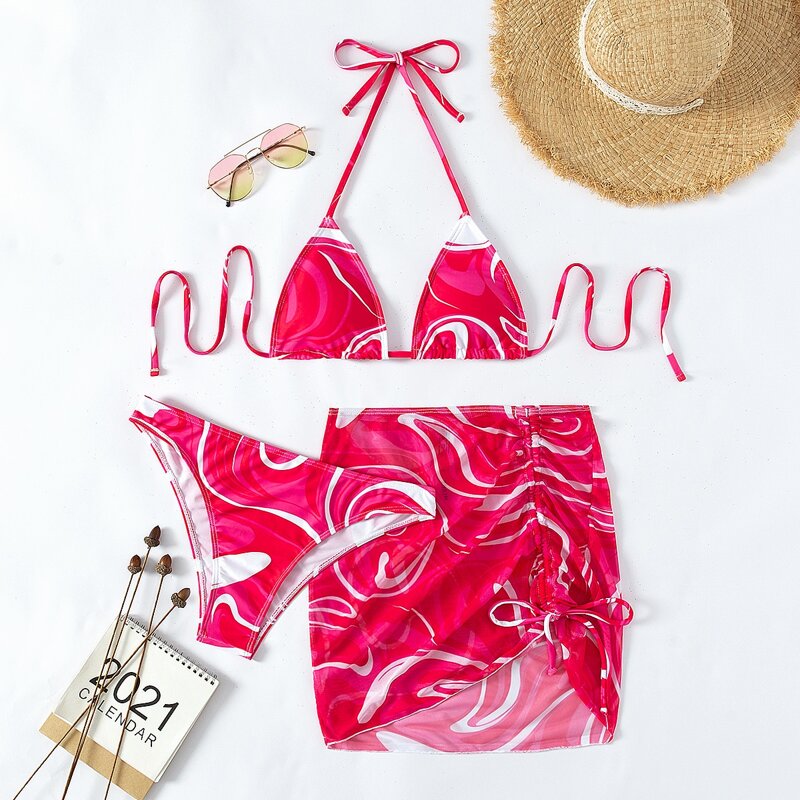 

3pack Allover Print Halter Bikini Swimsuit & Cover Up, Pink