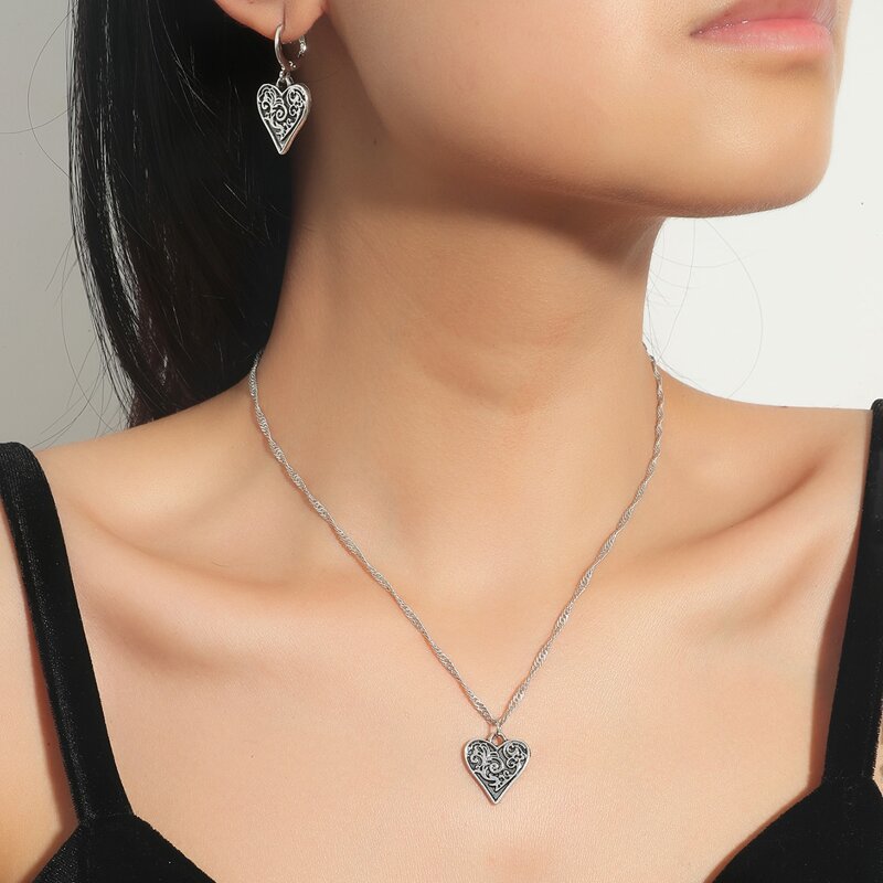 

1pc Heart Pendant Necklace & 1pair Drop Earrings, Antique silver