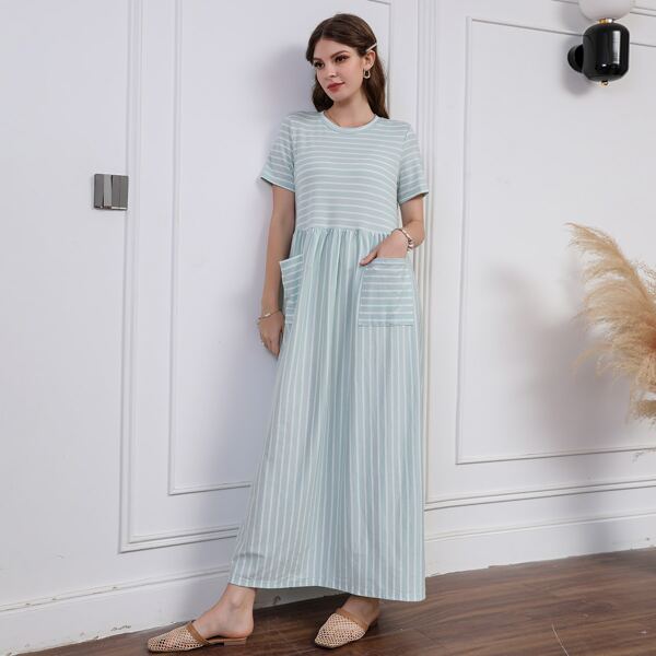 

Striped Dual Pocket Smock Dress, Mint green