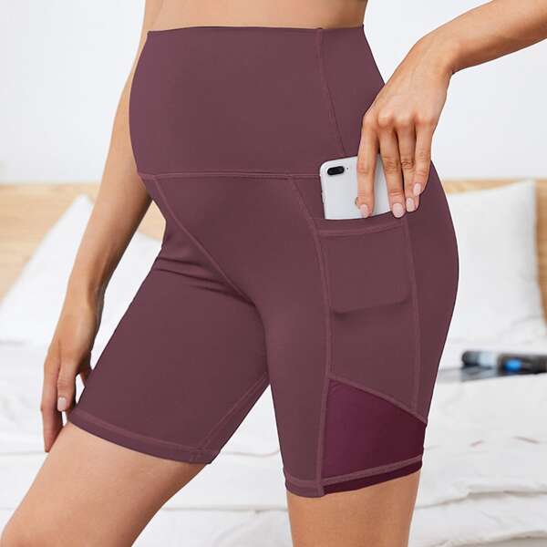 

Maternity Contrast Mesh Biker Shorts With Phone Pocket, Burgundy